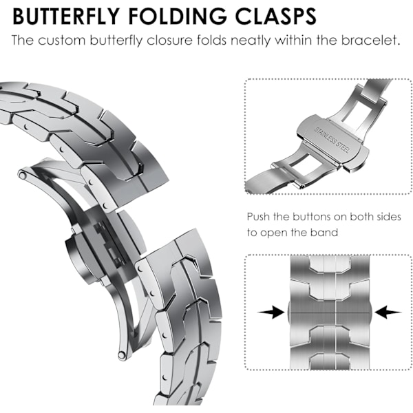 Kompatibel med Galaxy Watch 7 6 5 4 FE 40mm 44mm Armband för Män, Rostfritt Stål med Fällbart Spänne Ingen Gap Galaxy Watch 6 Classic 5 Pro 4 Silver