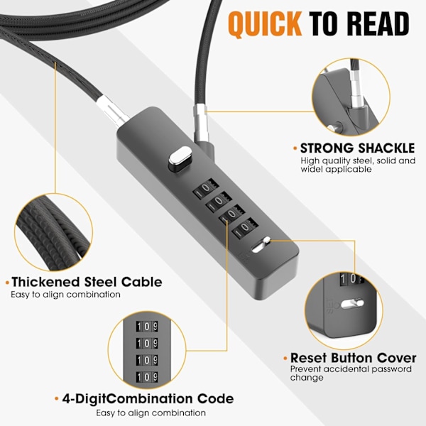 Kabel låse med kombination, 4-cifret stålkabel låse med adgangskode, låse til skabe med 3 længder kabler til cykler, skabe, garderobeskabe,