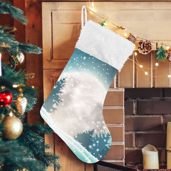 Julklapp, personliga julklappsstrumpor set om 2 vinter snöig stor glänsande måne skog 45,7 cm julstrumpor hängande prydnad spis f