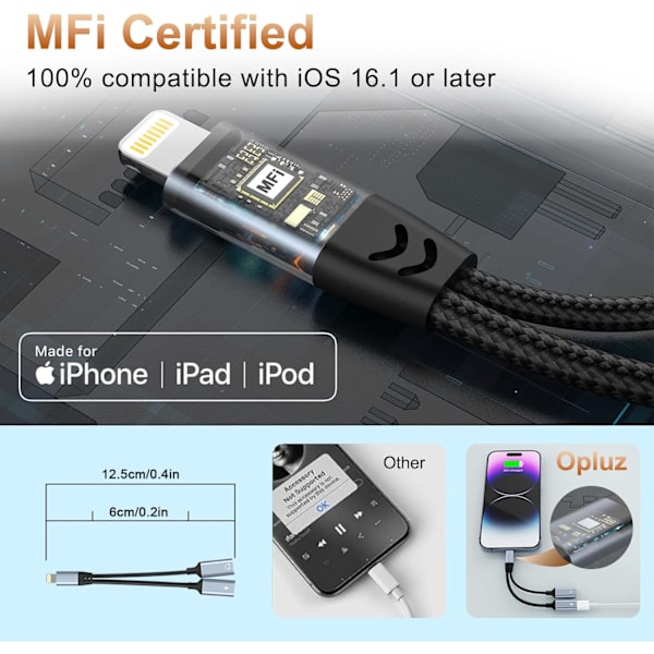 iPhone-splitter för laddning och hörlursadapter, iPhone Lightning till 2 Lightning-adapter, Dual Lightning AUX + laddningsadapter Dongle-kabel