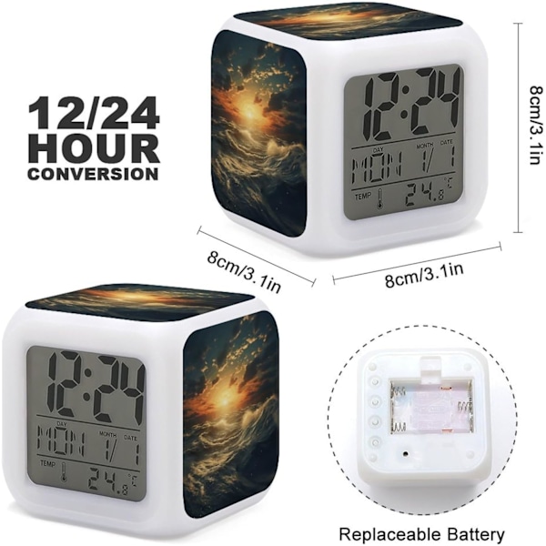 Led-vækkeur, Ocean After Storm Print Digital Alarm Clock Mood Light Alarm Clock Soveværelse Dekor Ur Versatile Alarm Clock Hvid Hvid