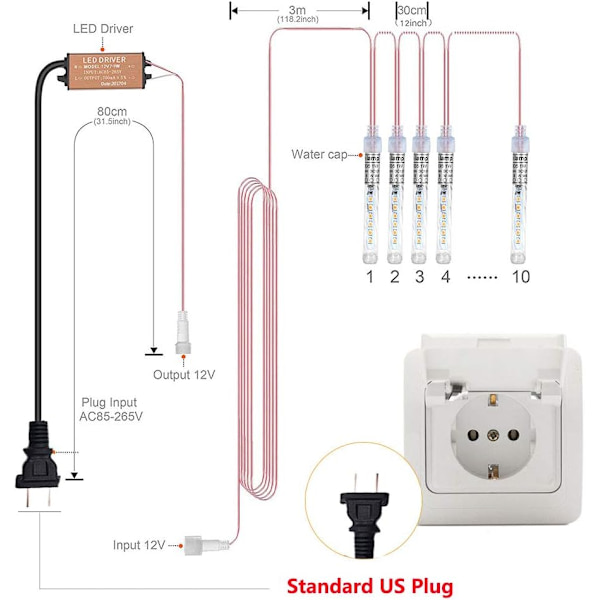 LED Meteorskur Lys, AC 110V Fallende Regn Julelys 10cm 10 Rør 120 LED, Fallende Regn Dråpe Istape Lyslenker for Juletrær Rosa