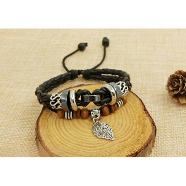 Flerskiktat justerbart läder flätat armband kors armband blad handled
