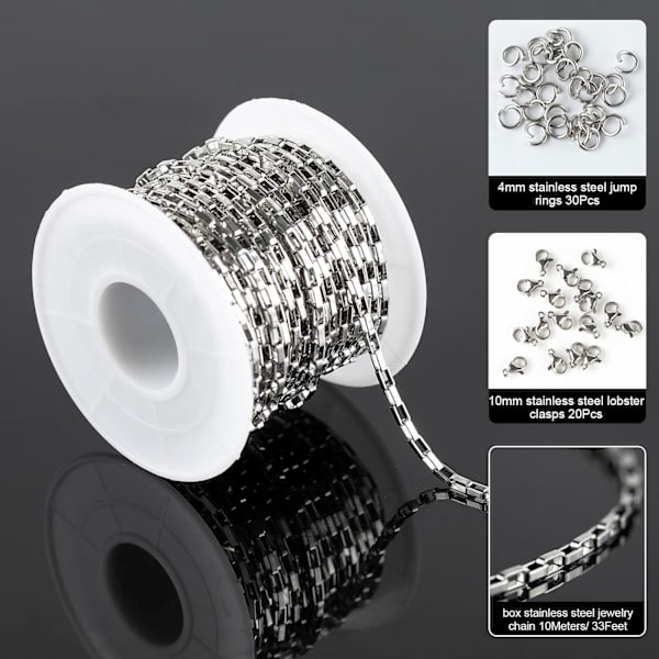 33 fot rostfritt stål Box Chain Bulk Silver Halsband Kedjor Rulle