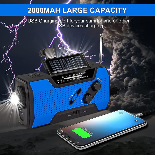 Dww-sään hätäradio 2000mah aurinko-/kammi-/akkukäyttöinen kannettava akkulaturi, Am/fm, led-taskulamppu, sos-hälytys, sininen