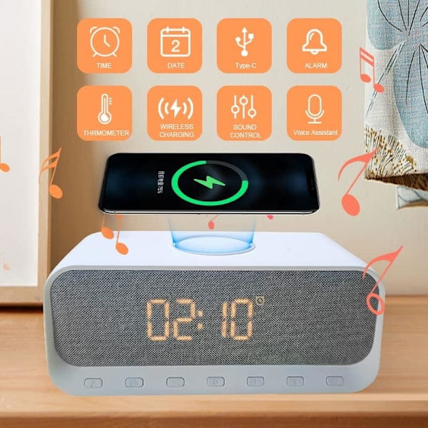 Väckarklocka Radio, Sängbords LED Väckarklocka med USB-laddare & Trådlös QI-laddning, 5.2 Bluetooth-högtalare, FM-radio för djupsövande Vit Vit