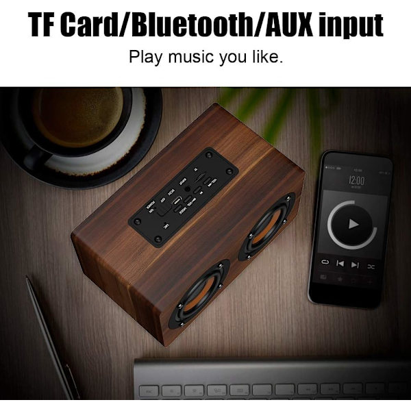 Trådlös Bluetooth-högtalare i trä, retro tung bas musikspelare stödjer FM-radio väckarklocka funktion för hemmakontor idé vänner (brunt korn)
