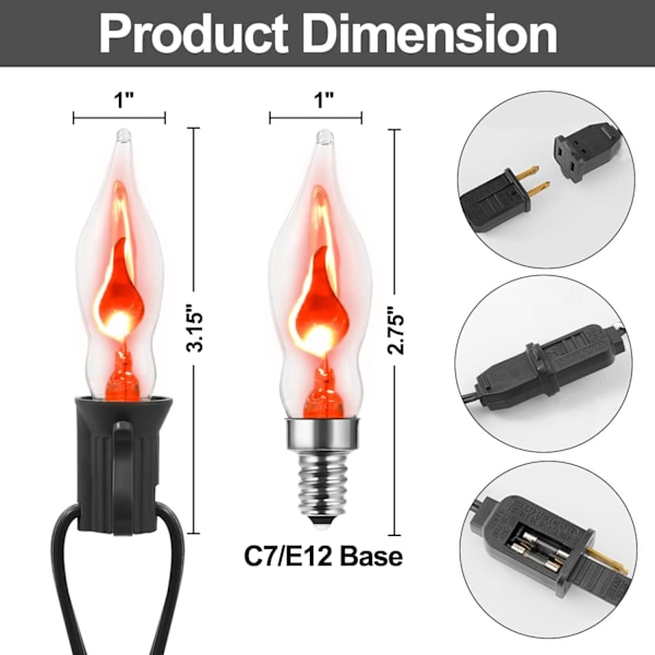 -Flimrende flammelyskæde til indendørs og udendørs brug, 12,8 fod C7 retro-flimrende flammelys-kæde med 10 flammelyspærer (E12-pærer, sort ledning)