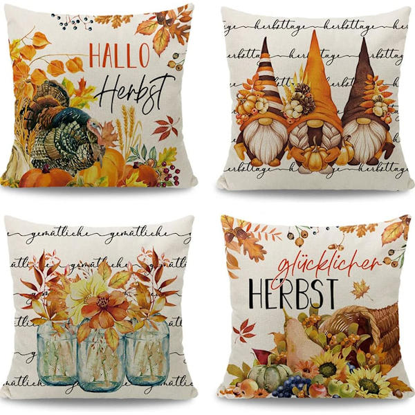 Set med 4 høstk putetrekk (45 x 45 cm) med Hello Pumpkin-design