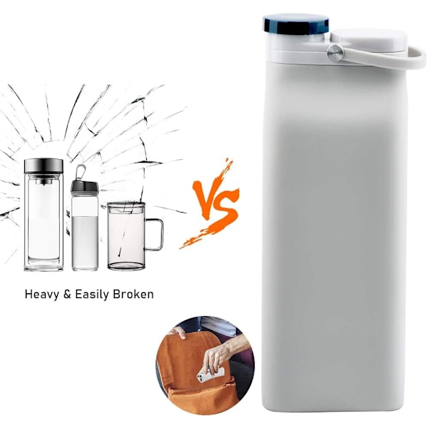 Kokoontaittuva juomapullo, BPA-vapaa - 590 ml kokoontaittuva juomapullo matkailuun, urheiluun, kolminkertaisesti tiivis, kevyt (harmaa)