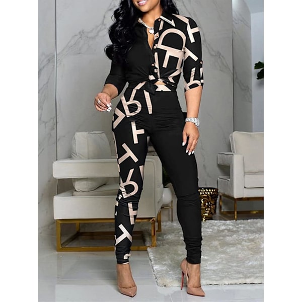 Elegant 2-delt sett med joggedress for kvinner med lapell og lappeprint
