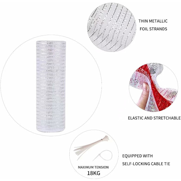 Metallic Deko Mesh Bånd 10 tommer X 30 fod (10 Yards) - Dekorativt Bånd Hvid