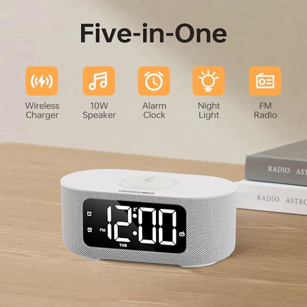 Stofvækkeur til soveværelse, med stort LED-skærmdisplay, Bluetooth-stereohøjttaler, FM-radio, hurtig trådløs opladning, USB-opladningsport,