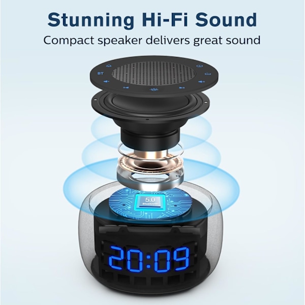 Bluetooth-högtalarväckarklocka med FM-radio - Högkvalitativt ljud, dimmer med full räckvidd, väckarklockradio för sovrummet Svart Svart