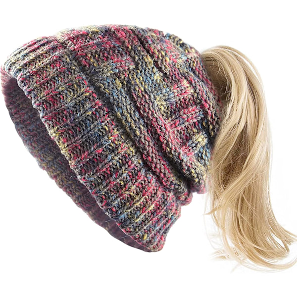 Beanie Knit Hat with Hole Messy Bun Ponytail Cap Women's Winter Mottled Color