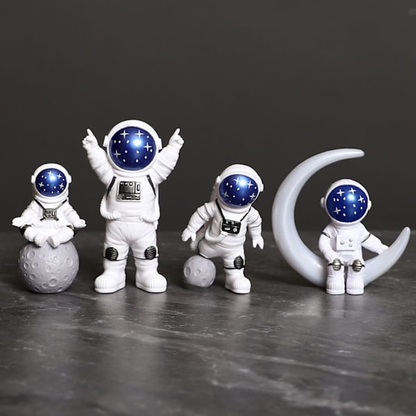 Blå og hvite astronautstatuer, sett med 4 - rommann-skulpturfigurer for barnerom