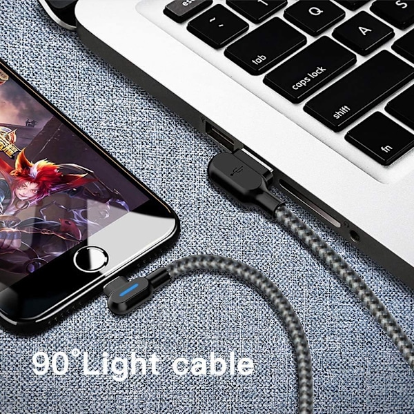 iPhone-opladerkabel. 3-pak LED-kabel med ret vinkel og lyn 90 grader