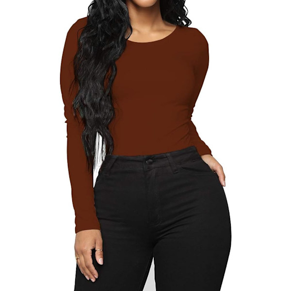 Kvinnors långärmade body med rund hals T-shirt stretchig jumpsuit toppar