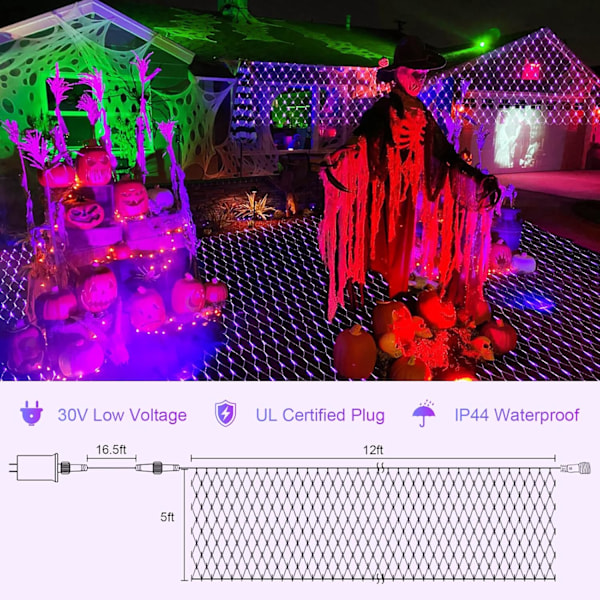 Lilla Netlys Halloween - 360 LED Netlys Udendørs Vandtæt med Fjernbetjening, 12x5 ft Udvidelig 8 Tilstande Jule Netlys til Buske Plæne