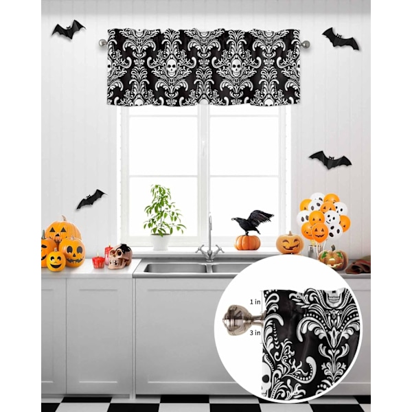 Winow Valance Ro Pocket Panel för kök Beroom Winows Halloween Scary Skl Skeleton amask Flower Valances Kort gardin Badrum Behandling Svart