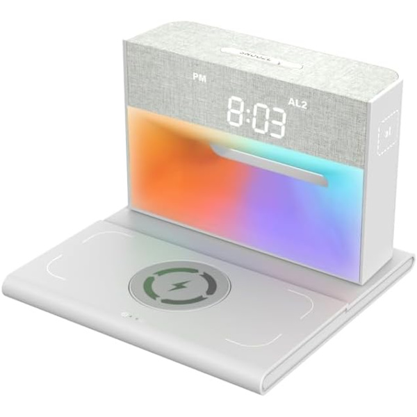 Ljudmaskin med väckarklocka för sovrum, dubbla högtalare, 15 W trådlös laddare, väckarklocka Bluetooth-högtalare för tunga sovare, nattvitt
