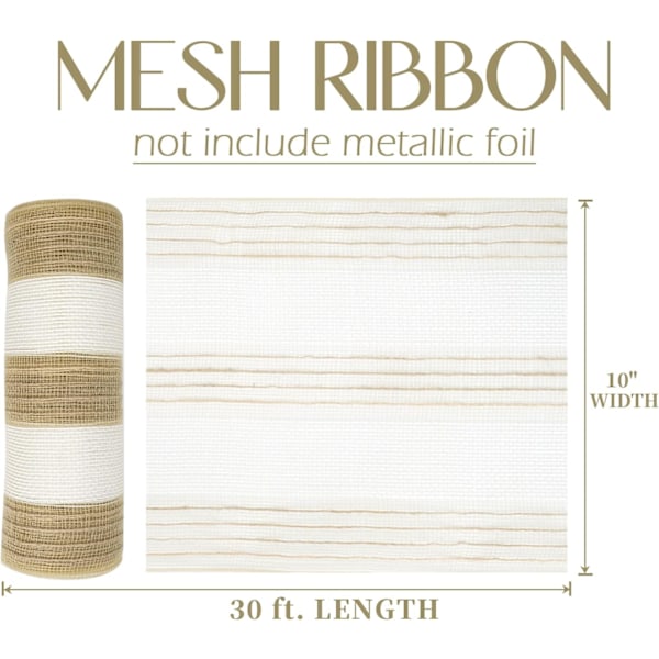 Jute Deco Mesh 10 tommers Jute Mesh Bånd Naturlig og Hvit Bred Stripe Poly Mesh