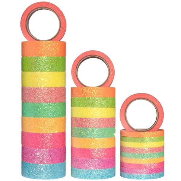 Glitter Washi Tape Set, 30 rullar 3 storlekar färgad maskeringstejp för