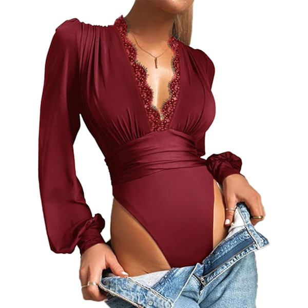 Dam Jumpsuits för kvinnor Rompers Spets Trim V-hals Puff Långärmad Leotard