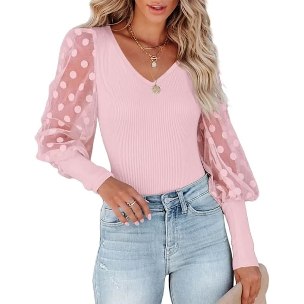 Kvinners Puffy Mesh Blonder Lang Ermet Topper V Hals Polka Dot Bluse Casual Ribbet