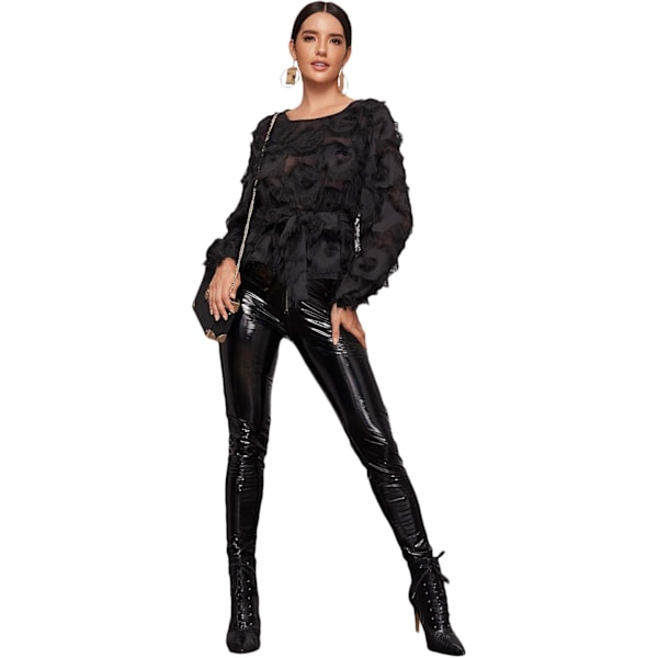 Kvinners Casual Rund Hals Frynser Patch Lang Ermet Mesh Topp