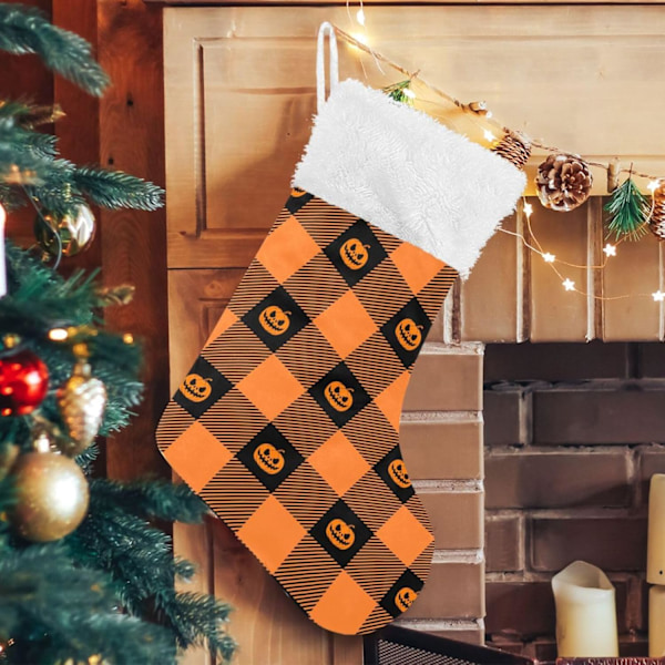 Julklapp, personliga julklappsstrumpor set om 2 Halloween svart rutig orange pumpor 45,7 cm julstrumpor hängande dekoration