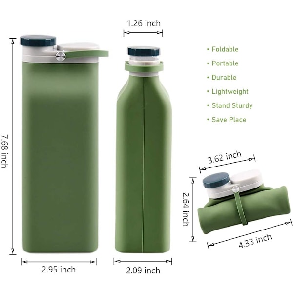 Kokoontaittuva juomapullo, BPA-vapaa - 590 ml kokoontaittuva juomapullo matkailuun, urheiluun, kolminkertaisesti tiivis, kevyt (vihreä)