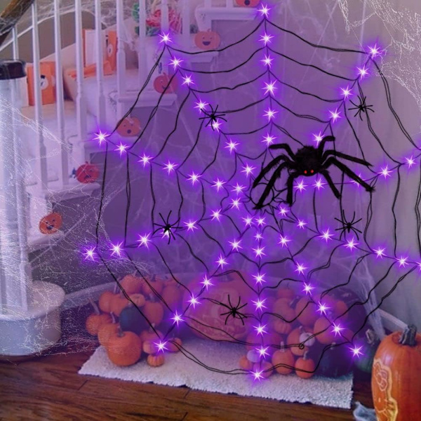 Halloween-dekorasjoner edderkoppnettlys, 70 LED-edderkoppnettlys for Halloween-dekorasjon innendørs utendørs vanntett, edderkopp LED-lys batteri lilla