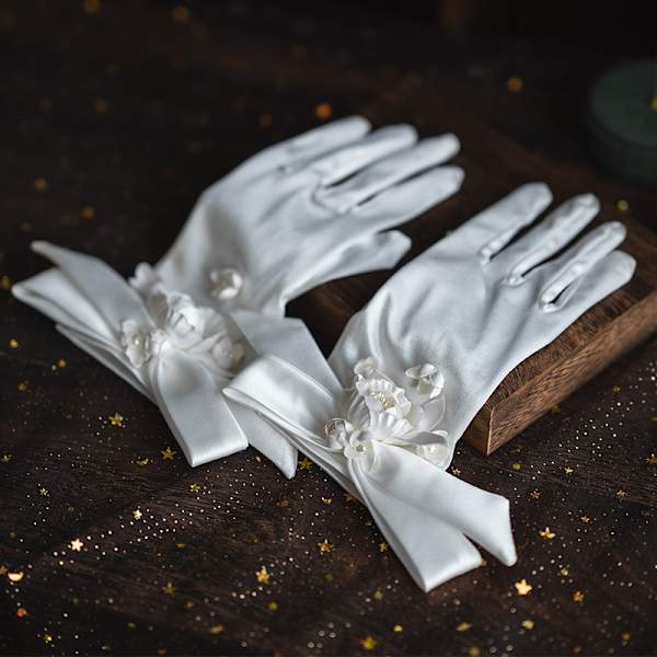 Brudehandsker med korte blomster Satin Five Finger Brudehandsker