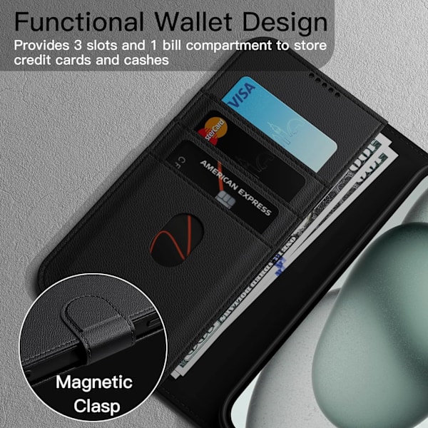 Lompakkokotelo iPhone 15 6.1-tuumaiselle, iskunkestävä PU-nahkainen magneettinen läppäsuoja korttipidikkeellä, jalustatoiminnolla ja täydellä kamerasuojaimella (musta) Musta