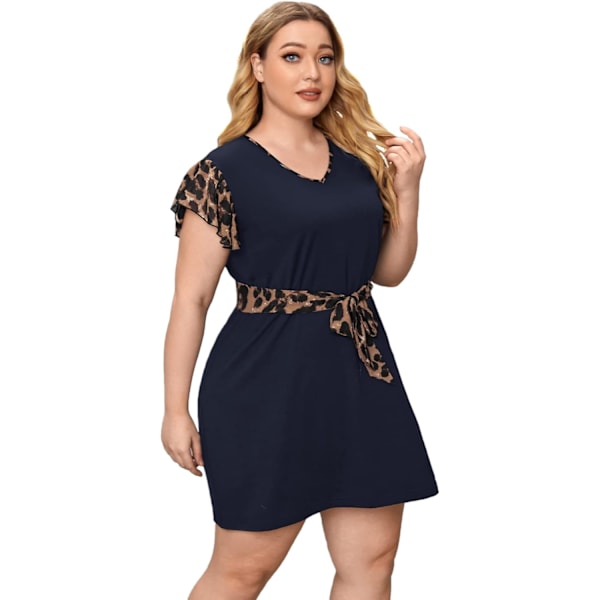 Romwe Plus Size Kortærmet Leopard Print Bæltet Casual Tunika Midi til Kvinder