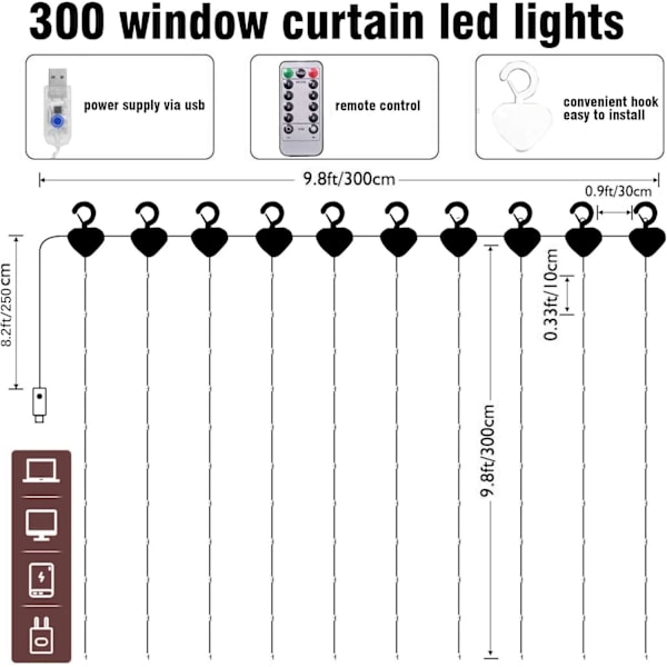Vinduesgardin Lyskæde, 300 LED 8 Lystilstande Fe Lys USB