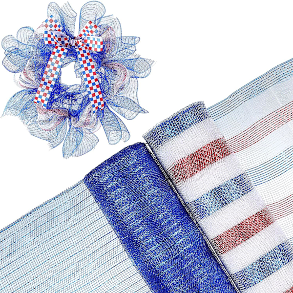 2 rullar 4 juli poly jute nät 10 tum x 30 fot patriotisk metallisk poly