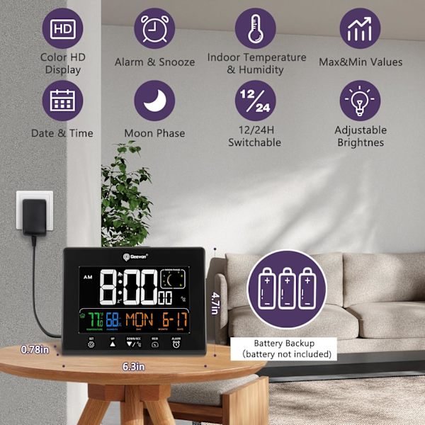 Digital Atomur för Sovrum med Batteribackup, HD Färgdisplay Atomur med Bakgrundsbelysning, 2 USB-portar, Inomhustemperatur och Luftfuktighet, Måne