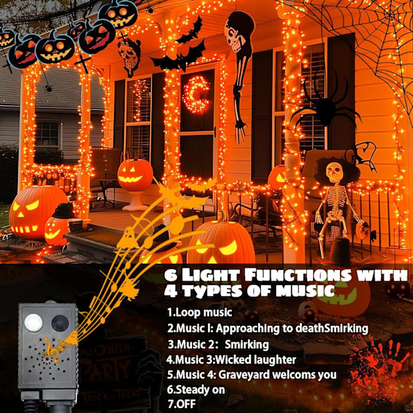 LED-lysslynger med skummel musikk, bevegelsessensor Halloween-lys utendørs vanntett oransje lys med lyder for Halloween-dekorasjon jul