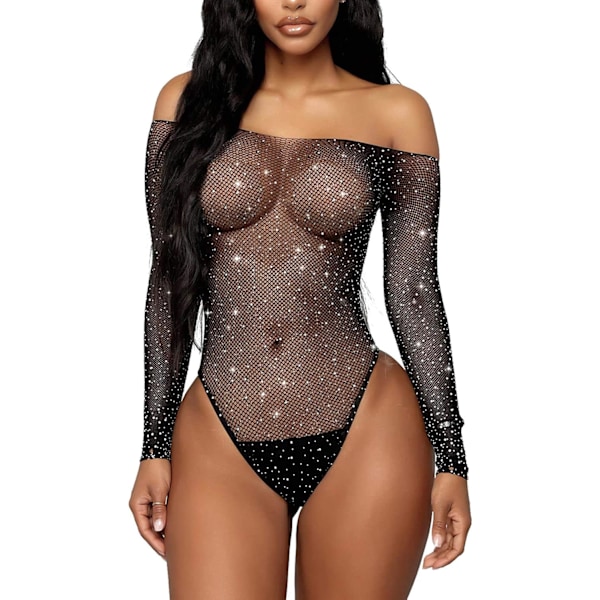 Kvinde Bodystocking Sexet Gennemsigtig Mesh Langærmet Rhinestone Besat Bodystocking