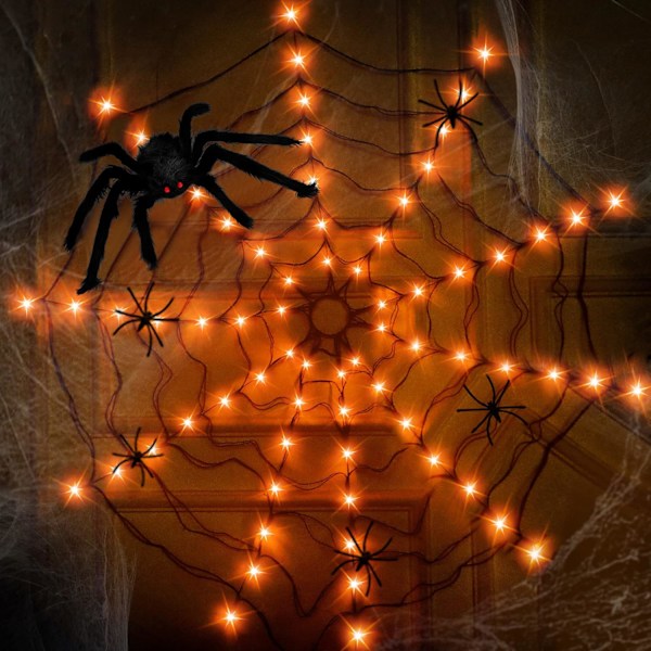Halloween-lysdekorasjon, 80 LED-edderkoppnettlys med 5 svarte edderkopper, Halloween-lys utendørs 8 moduser for Halloween-dekorasjon oransje oransje