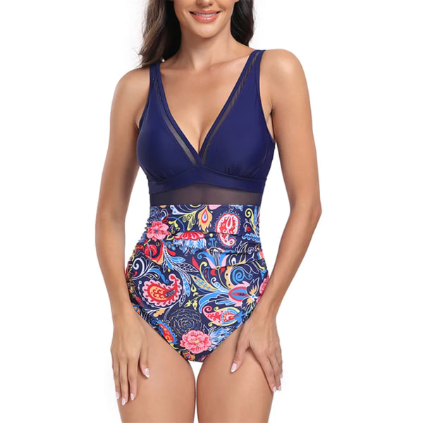 Women's Swimsuits Beachwear Push Up Swimming Swimwear Floral Print One Piece Swimsuits Tiba Blue Flower,Size XXL