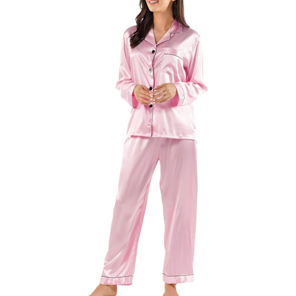 Kvinners Silke Pyjamas Sett Lang Ermet Damer Satin PJ Sett Knappet Pyjamas