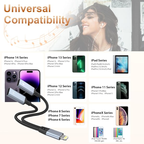 iPhone-splitter för laddning och hörlursadapter, iPhone Lightning till 2 Lightning-adapter, Dual Lightning AUX + laddningsadapter Dongle-kabel