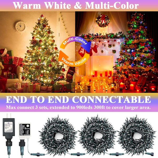 300LED Julgransljus Utomhus Inomhus Slingor 108FT Utbyggbar, 11 Lägen 4 Färger Ändrar Vattentät Twinkle Fairy Lights Fest Varm