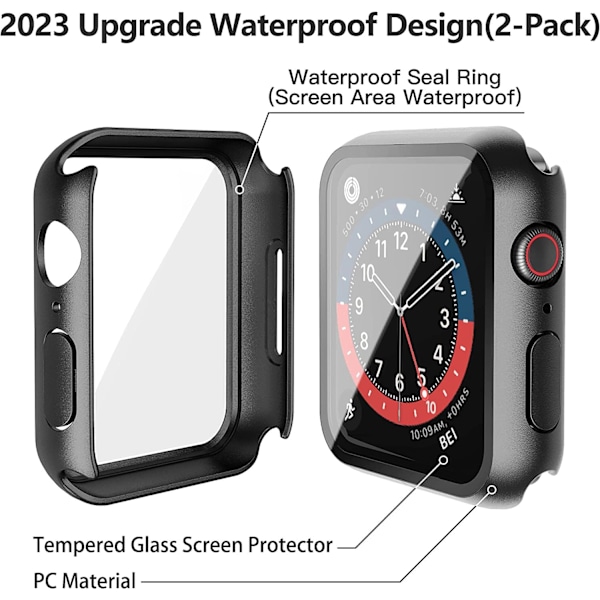 [2-pack] Vattentätt svart hårt skal med härdat glas kompatibelt med Apple Watch SE 2 (2024) SE Series 6 Series 5 Series 4 44mm, ultratunt skydd