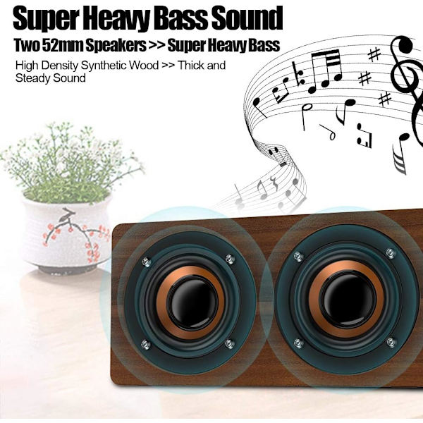 Trådlös Bluetooth-högtalare i trä, retro tung bas musikspelare stödjer FM-radio väckarklocka funktion för hemmakontor idé vänner (brunt korn)