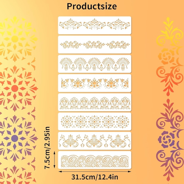 8 stk Mandala Border Maling Stencils - DIY Kunst og Håndverk Stencils