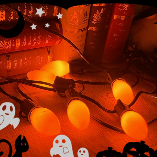 25-pakning C9 Halloween-erstatningslyspærer, oransje keramiske julelys for Halloween utendørs terrasse innendørs Xmas lysslynger, C9/E12